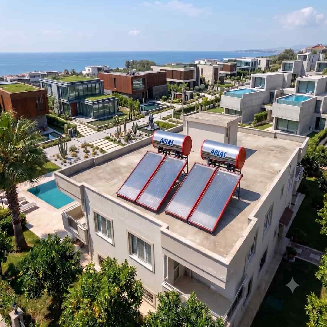 Antalya'da villa çatısına kurulan A Plas krom paslanmaz gün ısı güneş enerjisi sistemi uygulaması