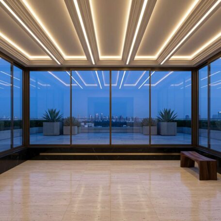 A Plas cam balkon sistemi ile modern teras alanı, geniş cam paneller ve şehir manzarası