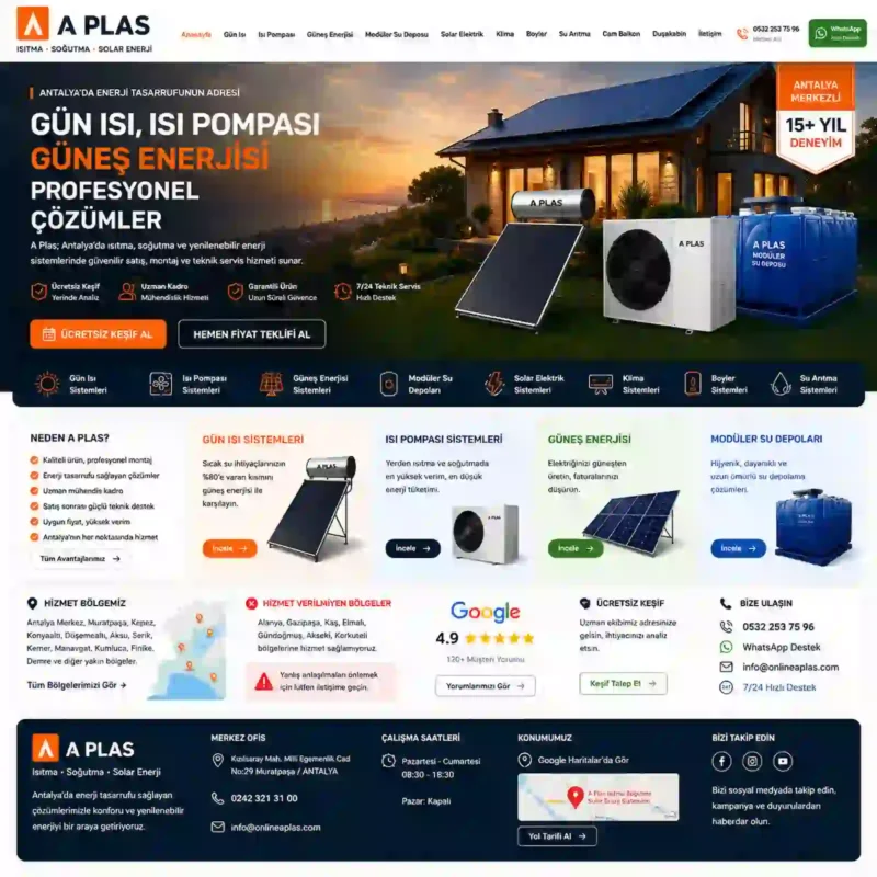 A Plas Antalya Isıtma Soğutma Solar Enerji ana sayfasında gün ısı sistemleri, ısı pompası, güneş enerjisi, solar elektrik, modüler su deposu ve profesyonel montaj hizmetleri.