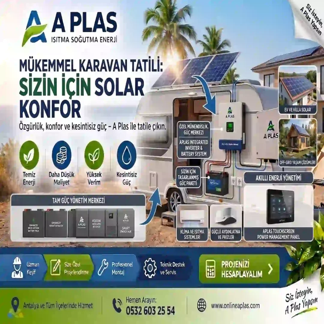 Antalya solar karavan güneş enerjisi sistemi, panel, inverter ve lityum akü