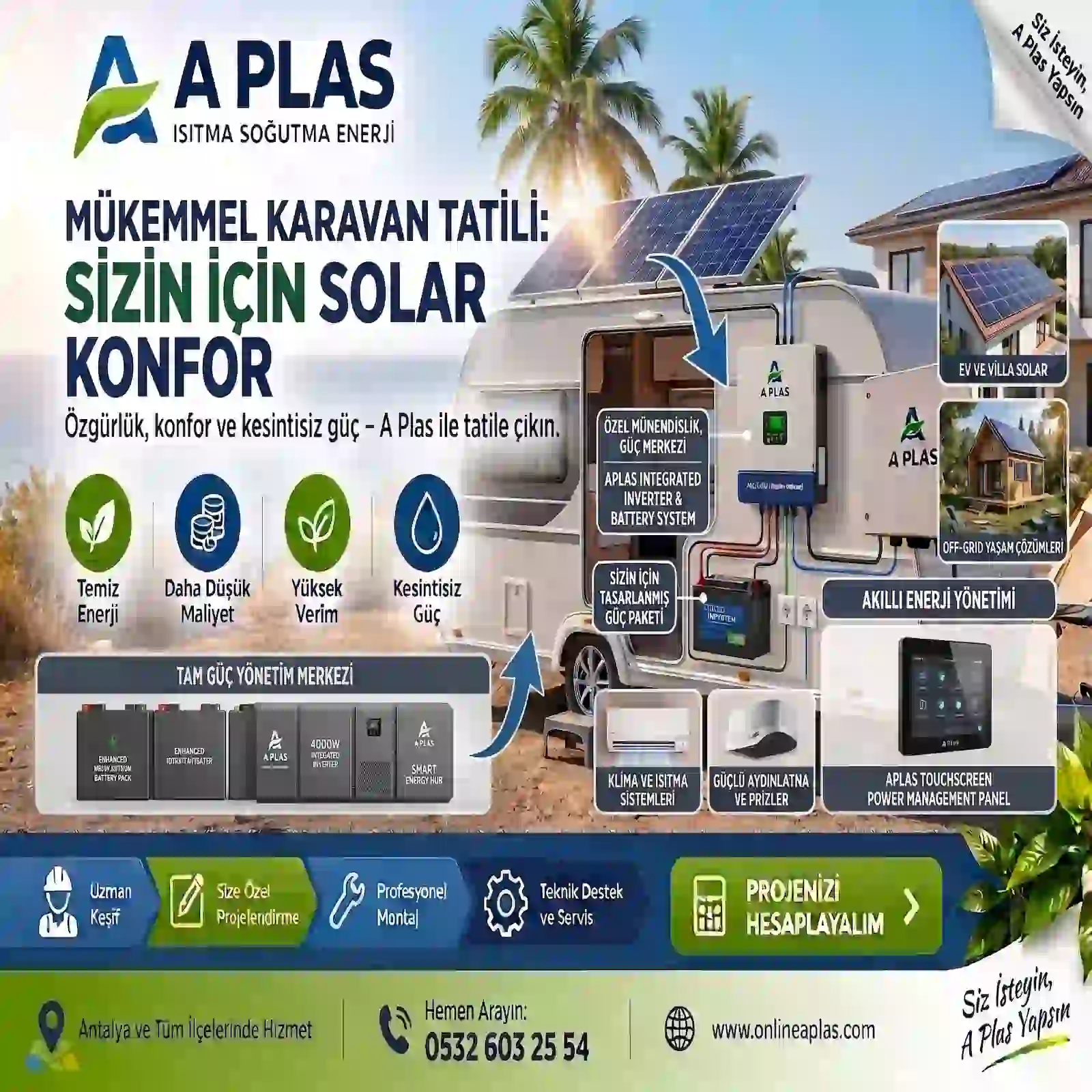 Antalya solar karavan güneş enerjisi sistemi, panel, inverter ve lityum akü