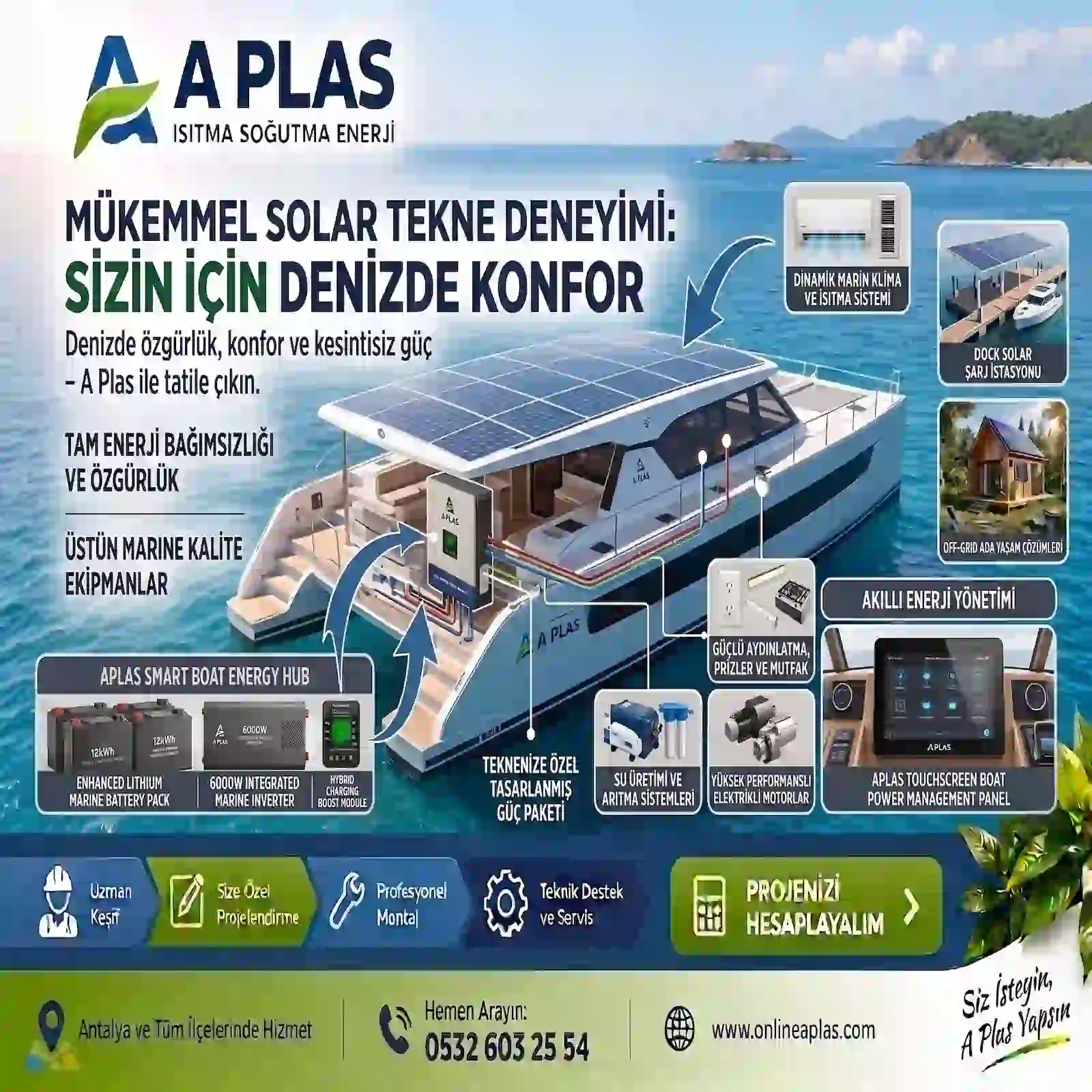 Antalya solar tekne sistemleri, güneş paneli, inverter ve lityum akü çözümü