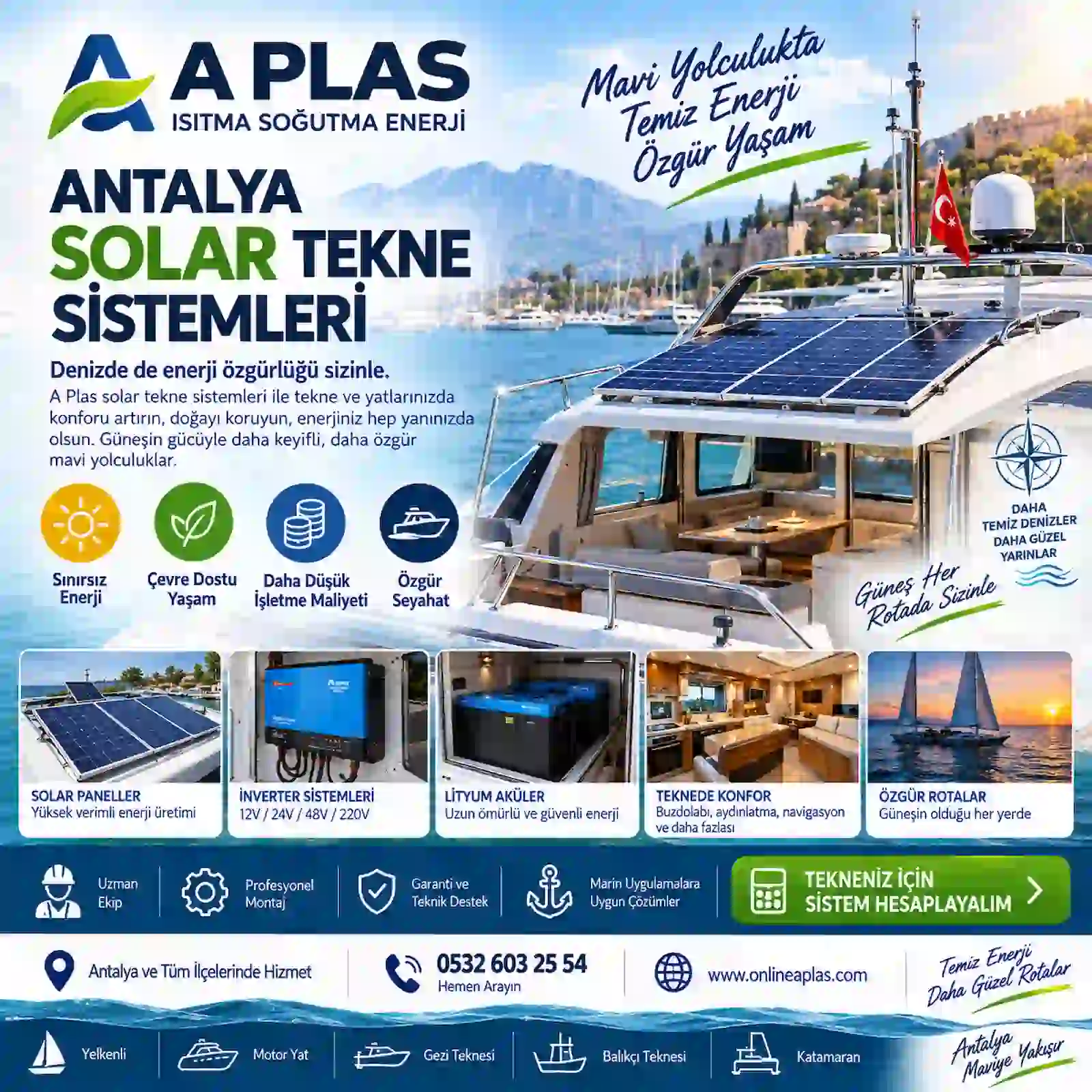 Antalya solar tekne akıllı enerji sistemi, lityum akü ve marin inverter