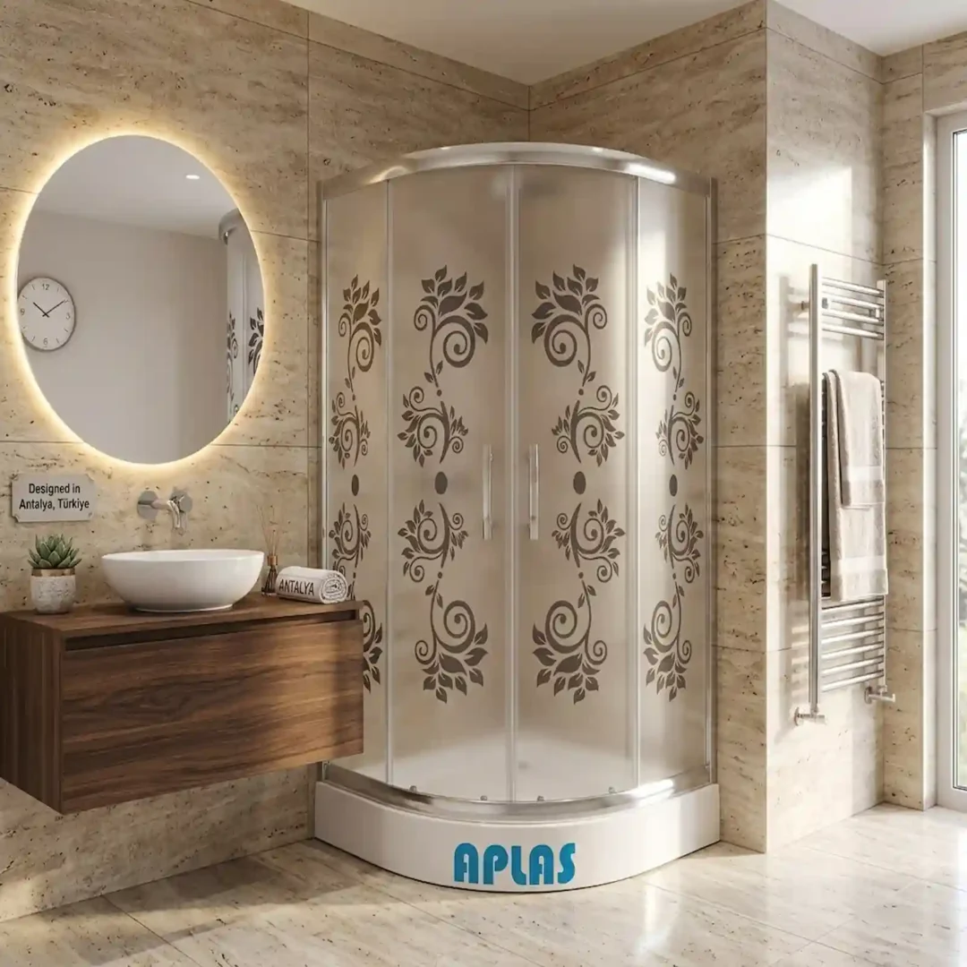 Çiçek desenli oval duşakabin banyo uygulaması – A Plas Antalya